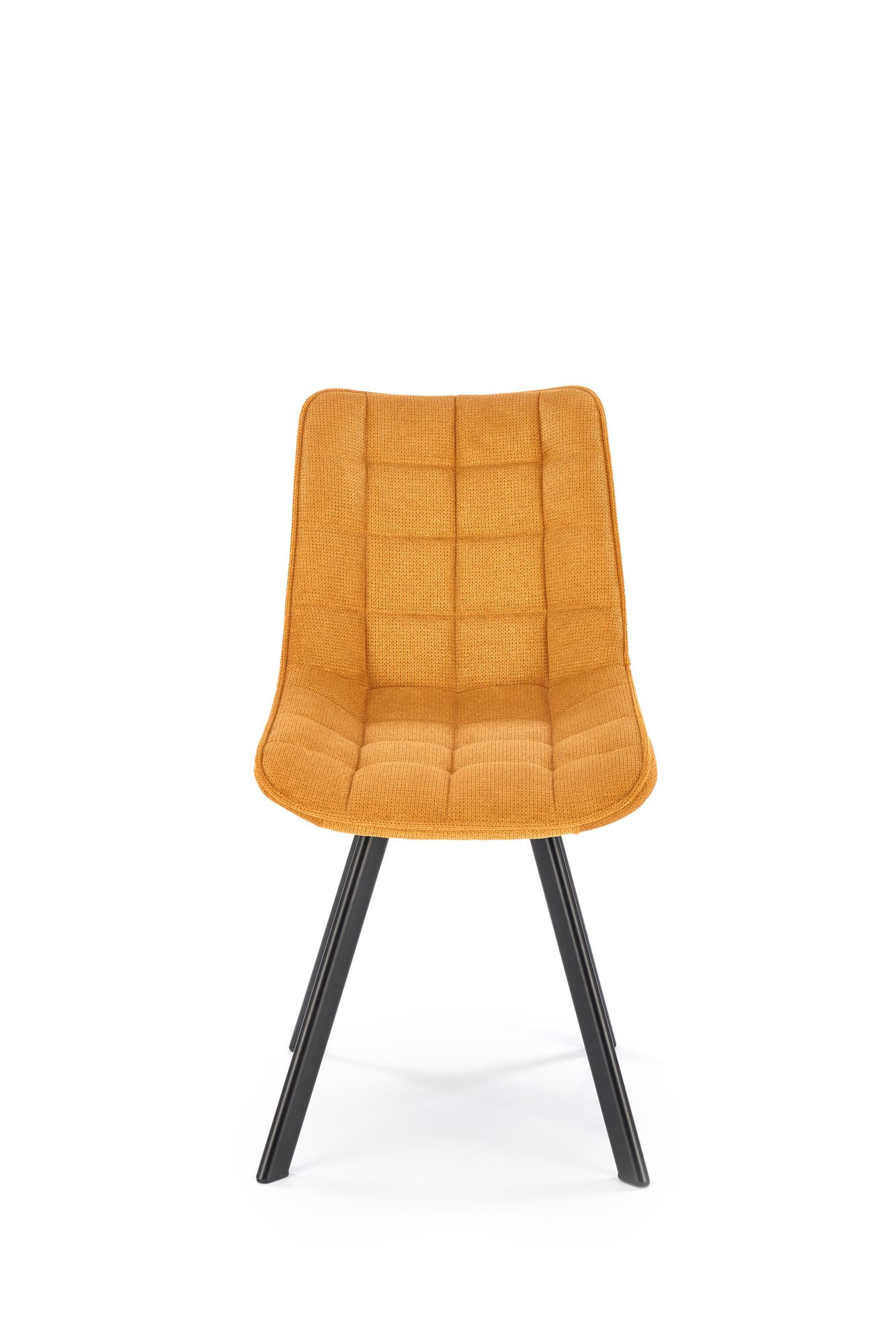 Musztardowe krzesło K549 z pikowaną tapicerką i czarnymi stalowymi nogami, widok z przodu.