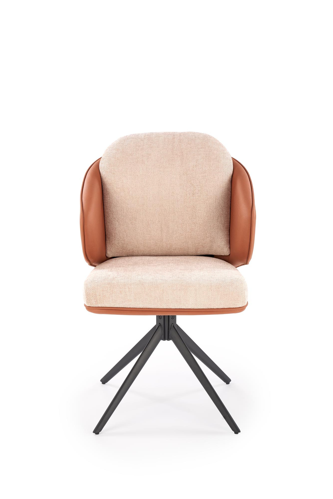 Przód brązowo-beżowego krzesła K554 z tkaniny i eco skóry na czarnej podstawie.
