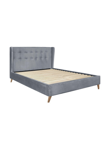 ESTELLA Łóżko USZAK 160x200 cm Popiel Pikowane Velvet z Drewnianymi Nóżkami