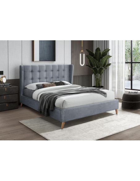 ESTELLA Łóżko USZAK 160x200 cm Popiel Pikowane Velvet z Drewnianymi Nóżkami