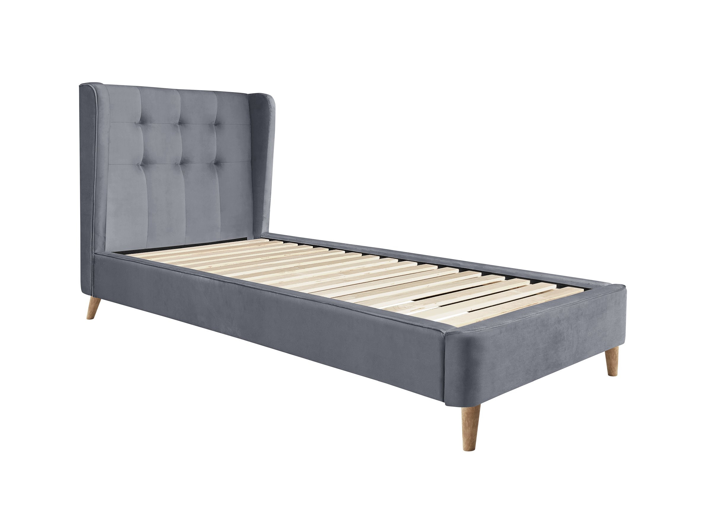 Łóżko ESTELLA 90x200 cm w kolorze popielatym z pikowanym velvetem i drewnianymi nóżkami – widok z przodu.