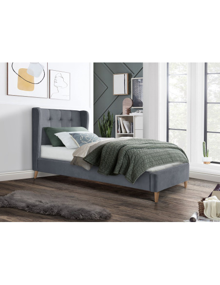 ESTELLA Łóżko USZAK 90x200 cm Popiel Pikowane Velvet z Drewnianymi Nóżkami