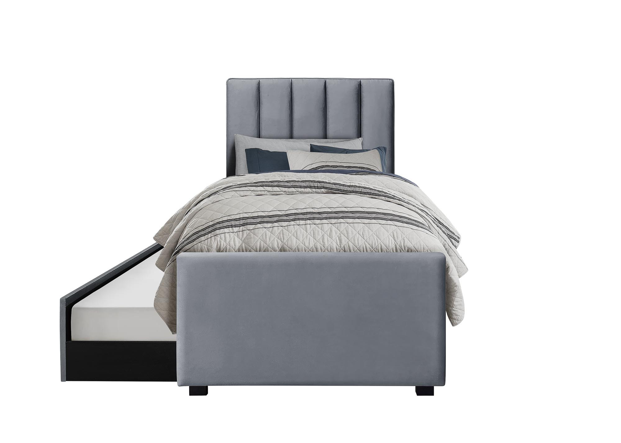 Popielate łóżko RUSSO 90 x 200 cm z wysuwanym materacem – widok z przodu.