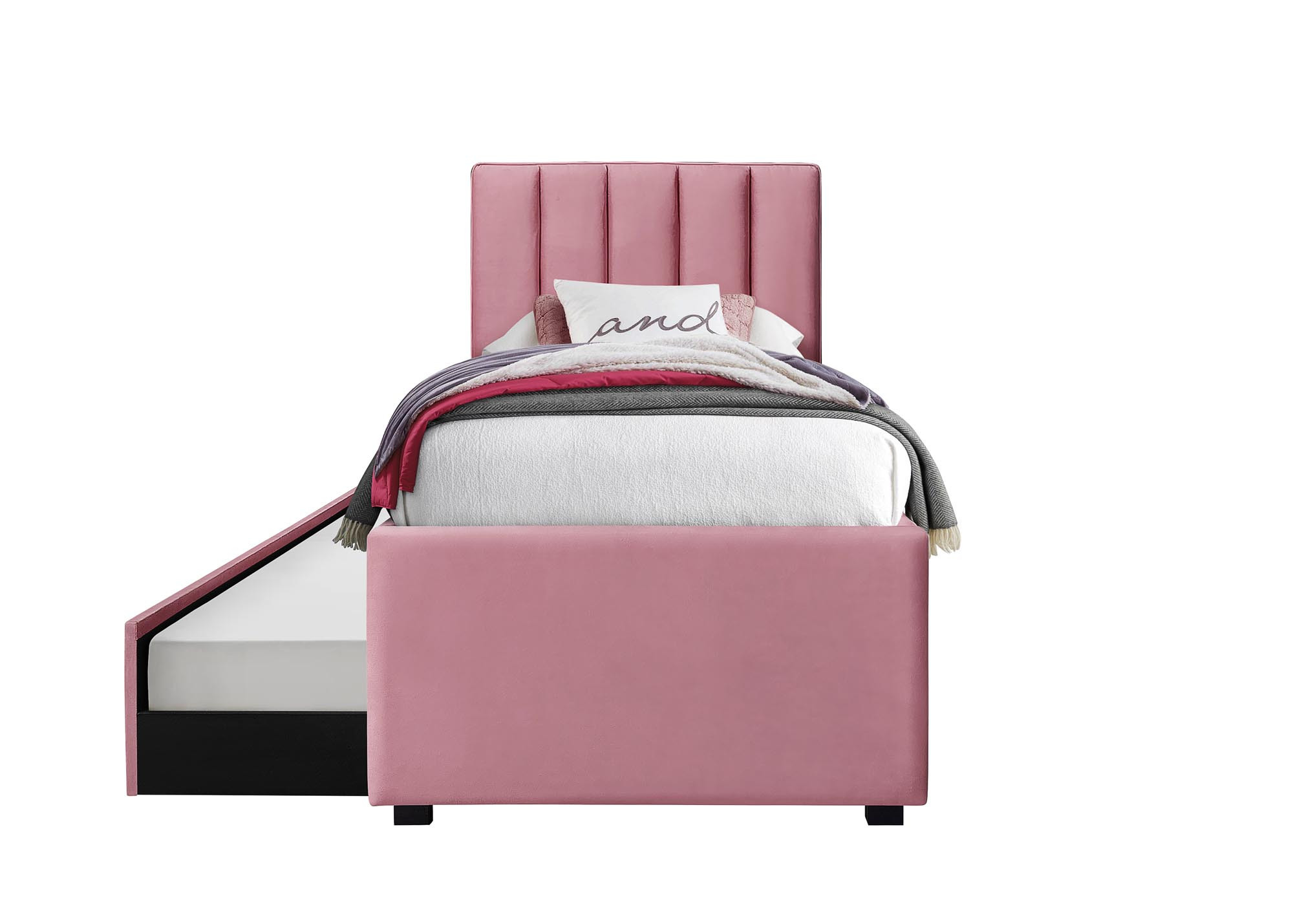 Różowe łóżko RUSSO z velvetu z wysuwanym materacem – zdjęcie z przodu.