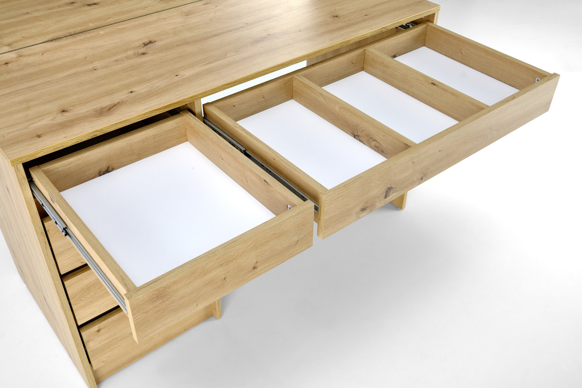 Dąb artisan toaletka HOLLYWOOD XL z szufladami i oświetleniem LED – widok z góry na otwarte szuflady.