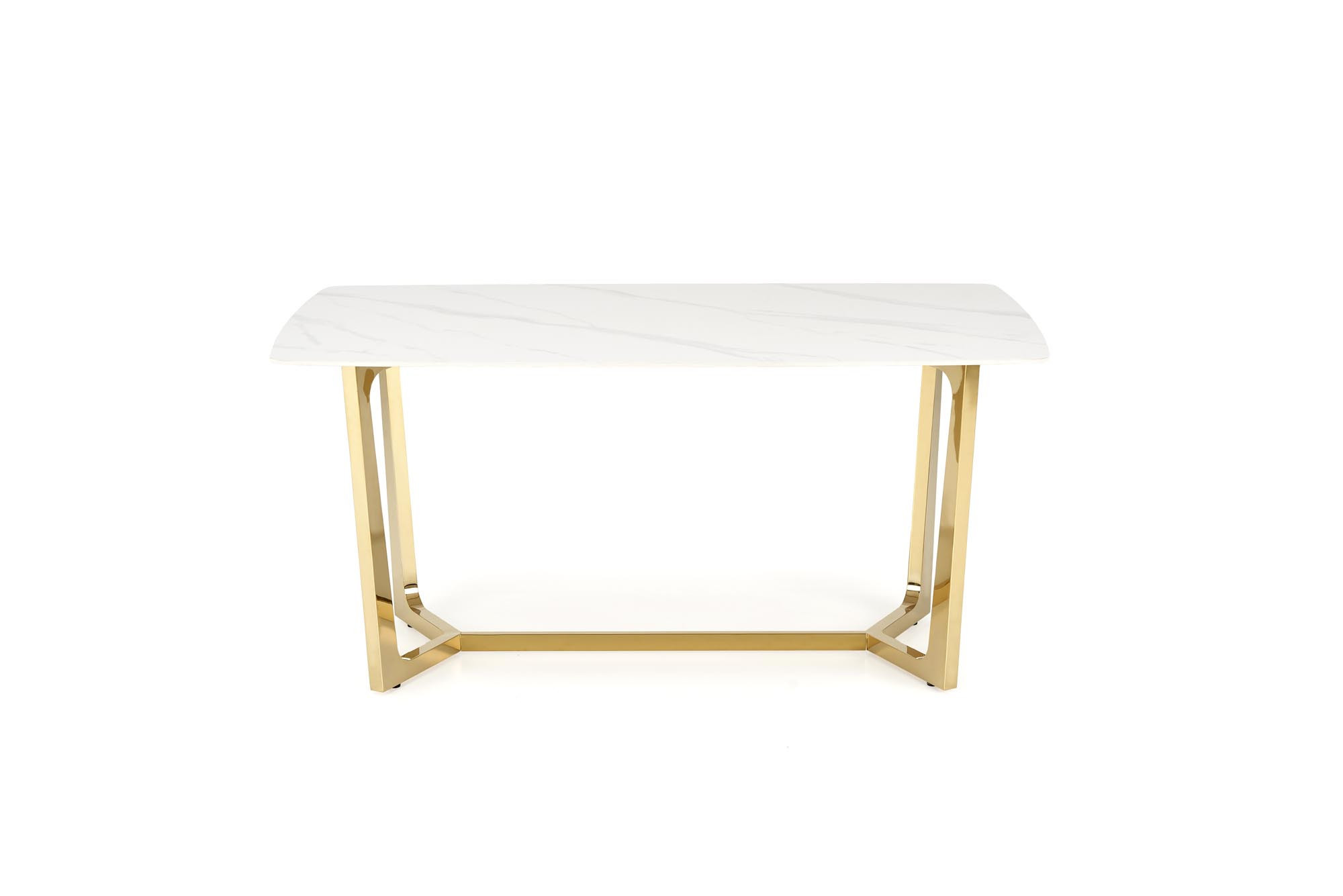 Przedni widok stołu glamour CLEMENTE z białym blatem imitującym marmur i eleganckimi złotymi nogami.