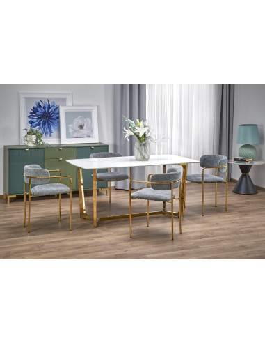 CLEMENTE Stół Glamour 160/90/76 cm Spiek Biały Marmur | Złote Nogi