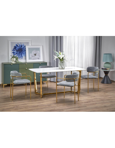CLEMENTE Stół Glamour 160/90/76 cm Spiek Biały Marmur | Złote Nogi