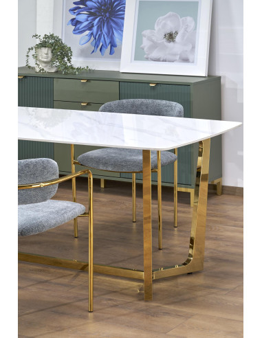 CLEMENTE Stół Glamour 160/90/76 cm Spiek Biały Marmur | Złote Nogi