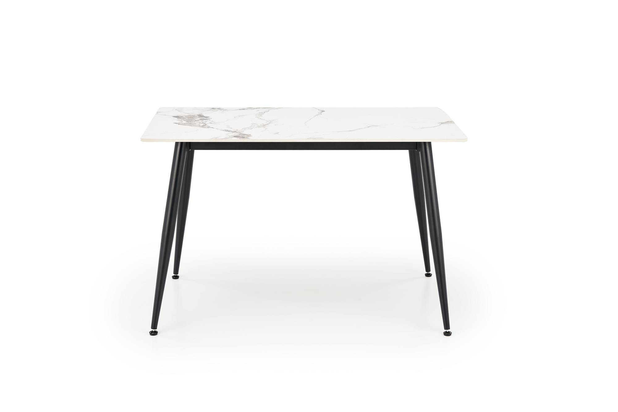 Prostokątny stół EMILIO z białym blatem ze spieku kwarcowego i czarnymi stalowymi nogami – widok z przodu.