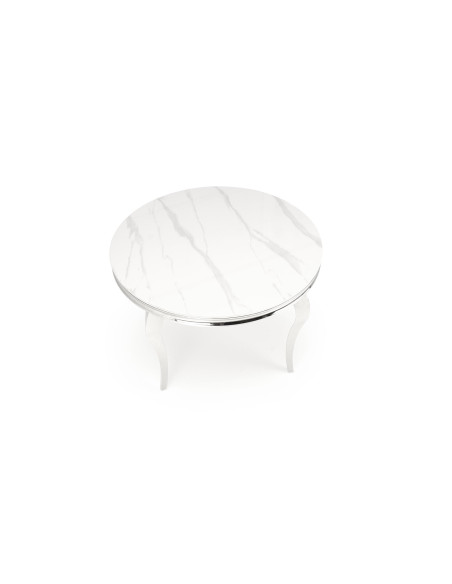 REGINALD Stół Okrągły Glamour Fi120/76 cm Spiek Biały Marmur Nogi Srebrne