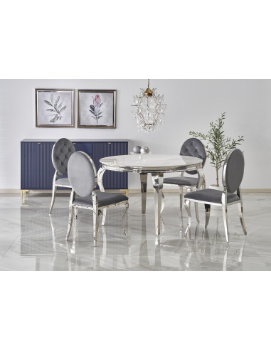 REGINALD Stół Okrągły Glamour Fi120/76 cm Spiek Biały Marmur Nogi Srebrne