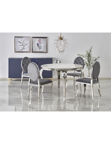 REGINALD Stół Okrągły Glamour Fi120/76 cm Spiek Biały Marmur Nogi Srebrne