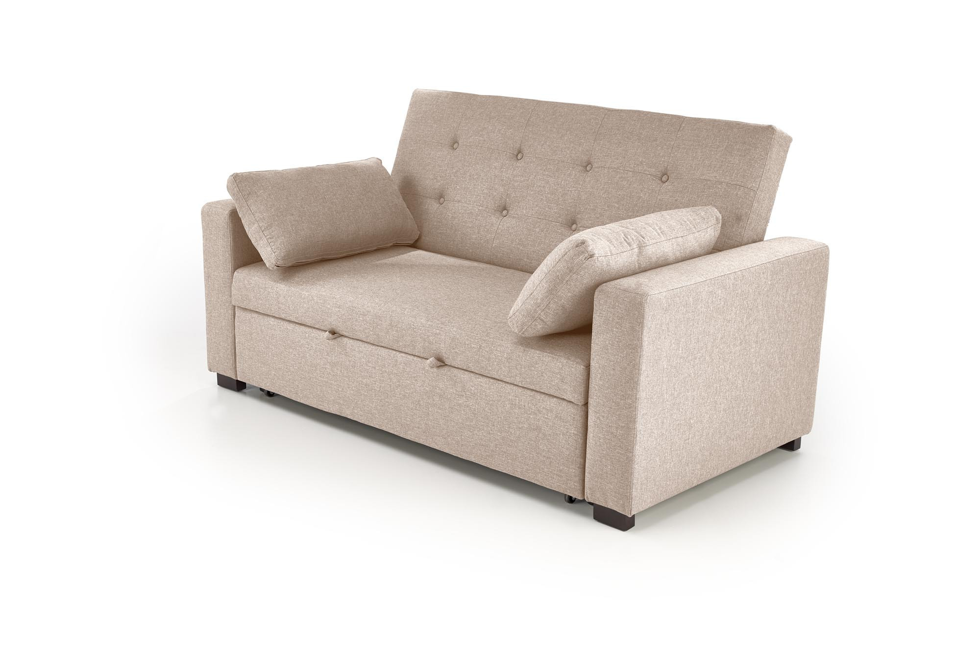 Rozkładana sofa PAULINIO, beżowa, pikowana, przestronny design – widok z przodu.