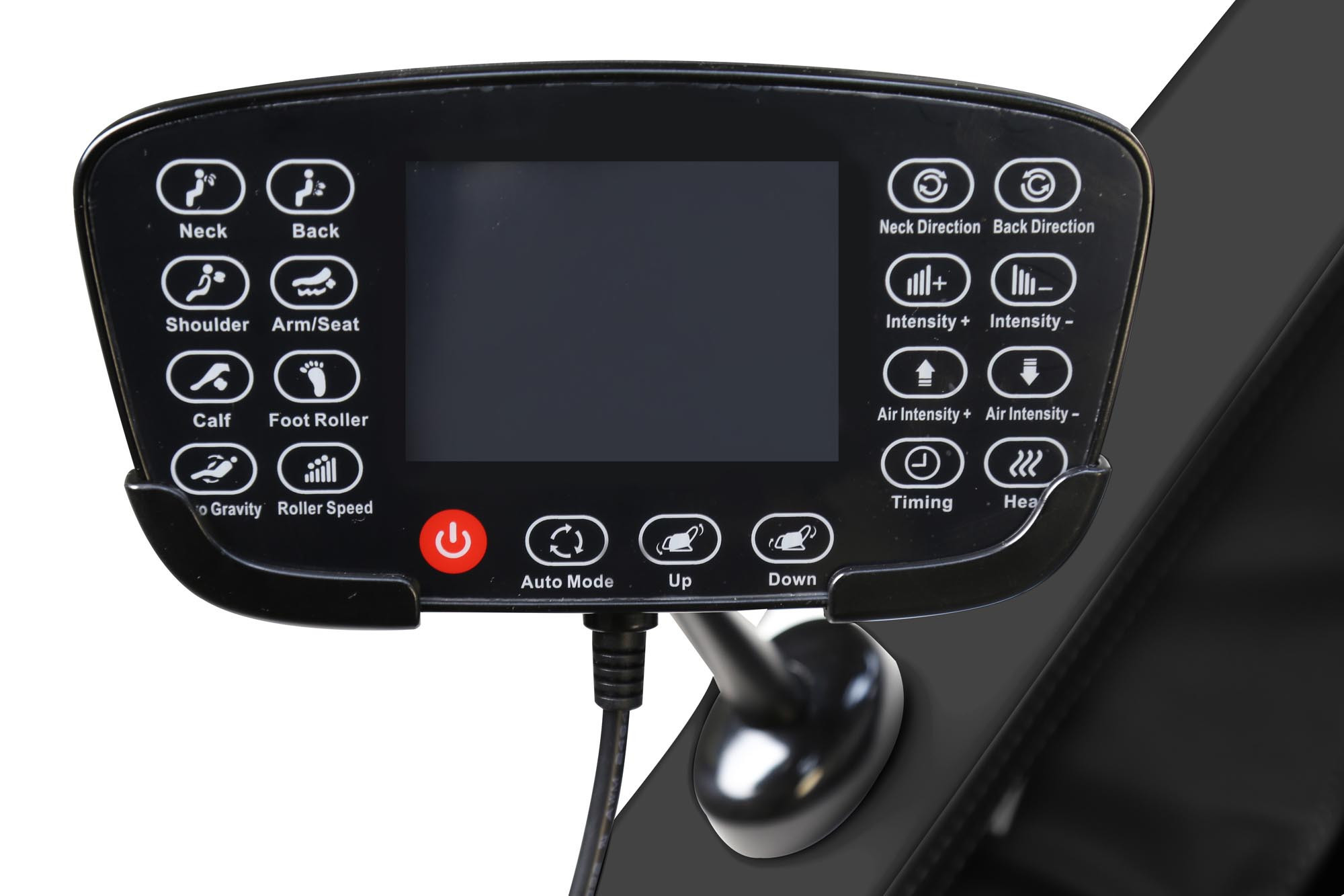 Zbliżenie na panel sterujący podgrzewanego fotela masującego SOLARIA z czarnej eco skóry.