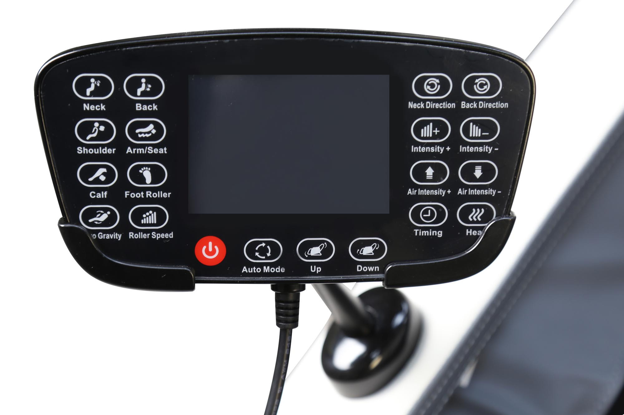 Zbliżenie na panel sterowania fotela masującego SOLARIA z ekranem i przyciskami do regulacji masażu.