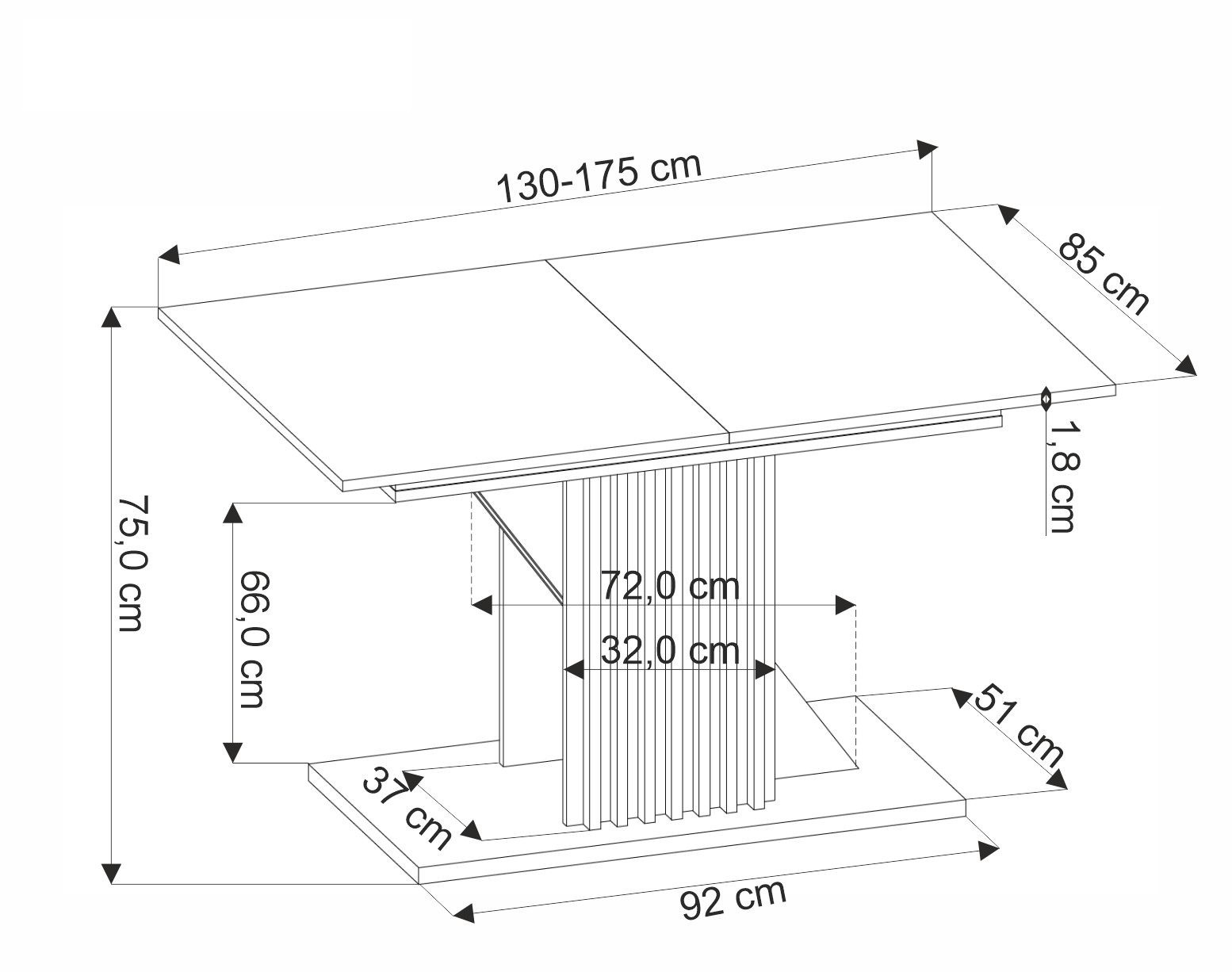 Wymiarowanie rozkładanego stołu FABIANO z dębu wotan i czarnymi elementami – widok z przodu.