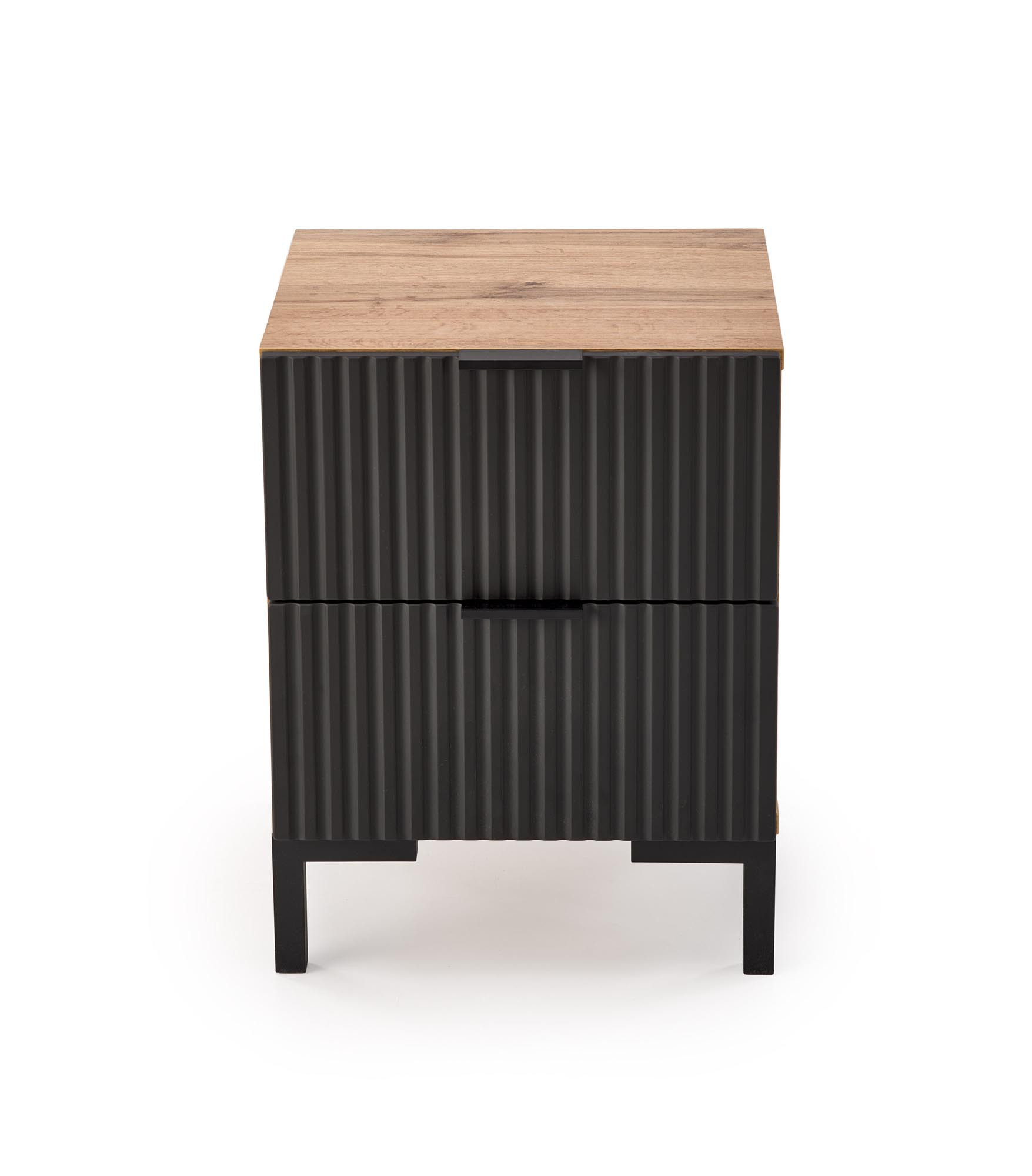 Szafka nocna z dębu craft i czarnego drewna, widok z przodu, z dwoma szufladami i metalowymi nogami.