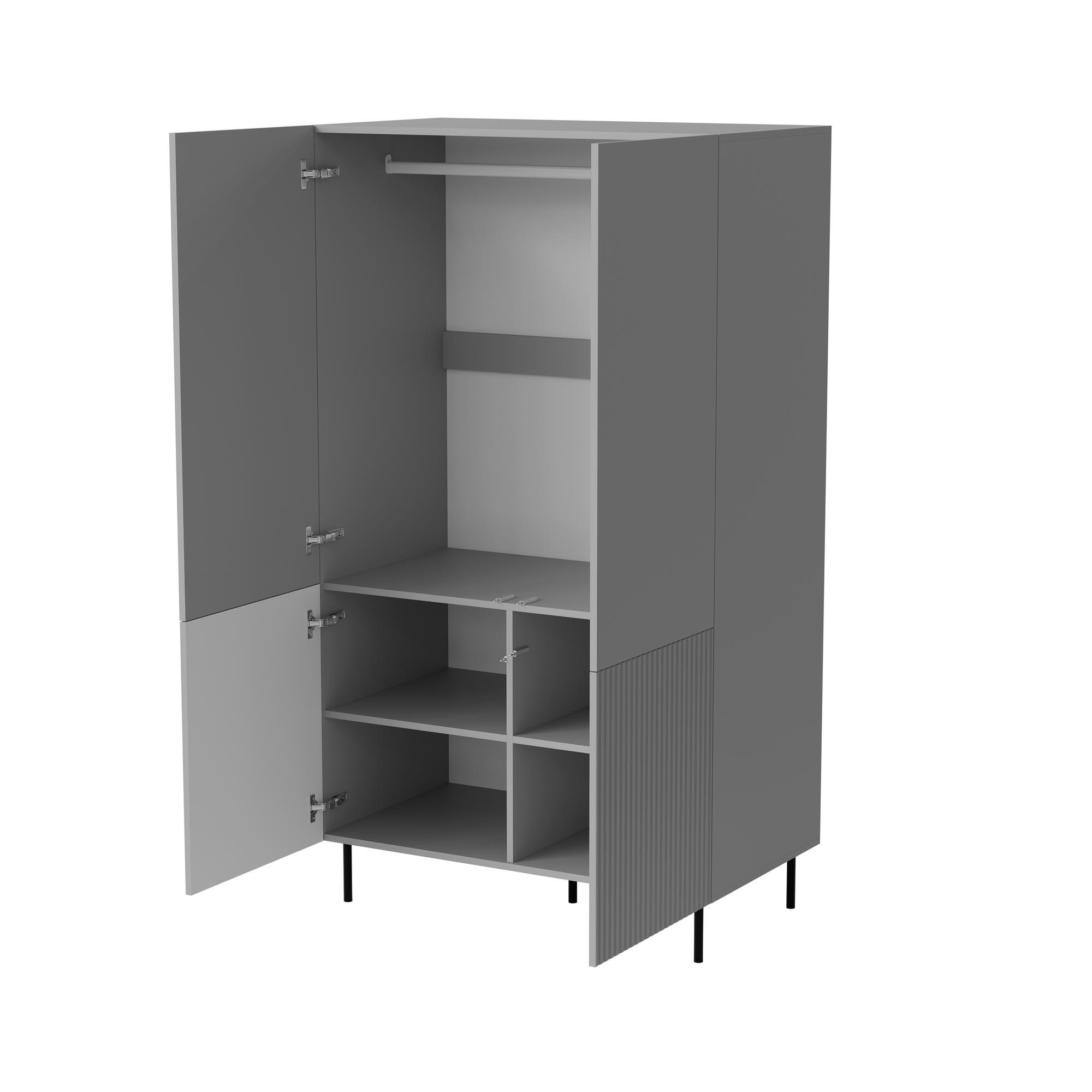 Otwarta szafa ASENSIO S-1 w jasnym popielu z półkami i drążkiem na ubrania – widok z przodu.