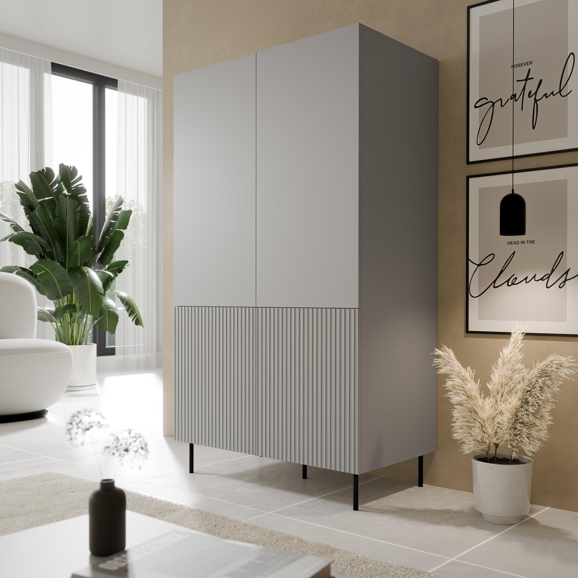 Szafa ASENSIO S-1 w jasnym popielu, fronty MDF, stalowe nogi – widok z przodu.