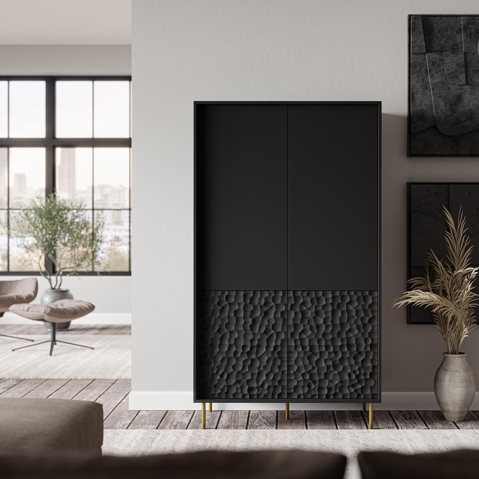 Czarna szafa BULLET S-1 z teksturowanymi frontami MDF i złotymi nogami – widok z przodu.