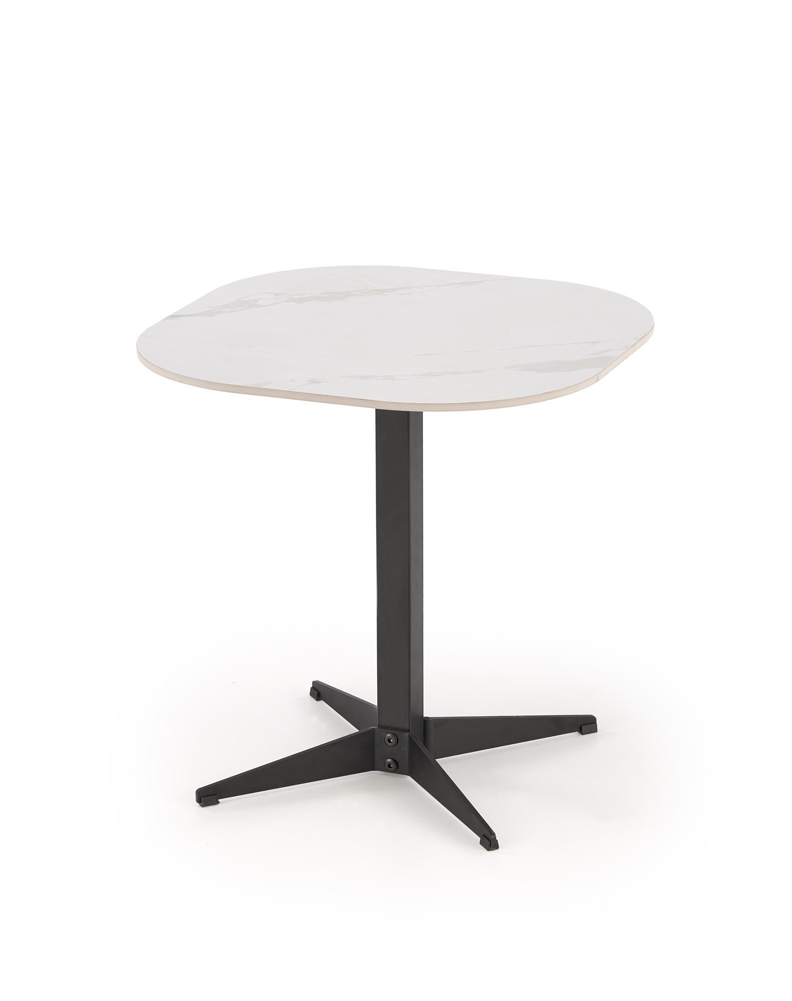 Biała ława BORNA S z marmurowym blatem i czarną stalową nogą krzyżakową – widok z przodu.