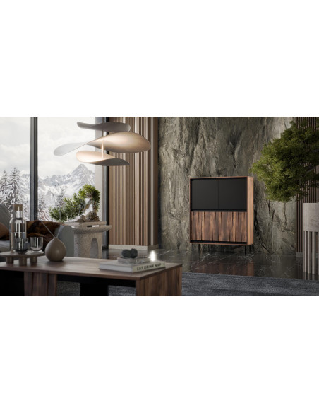 SWING KM-2 Komoda Orzechowo-Czarna | 4-drzwiowa | Nogi Stalowe Czarne