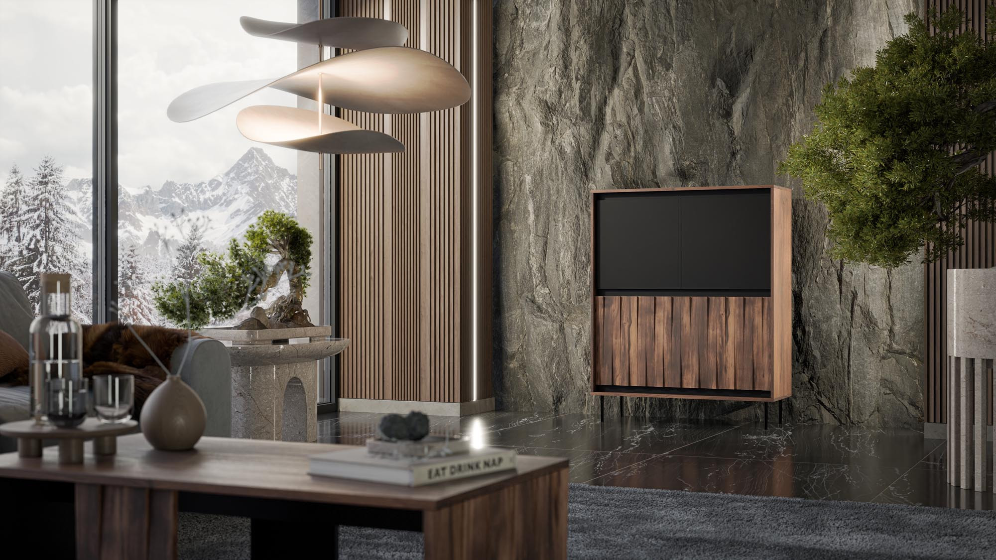 Orzechowo-czarna komoda SWING KM-2, 4-drzwiowa, stalowe czarne nogi – widok z przodu w nowoczesnym wnętrzu.