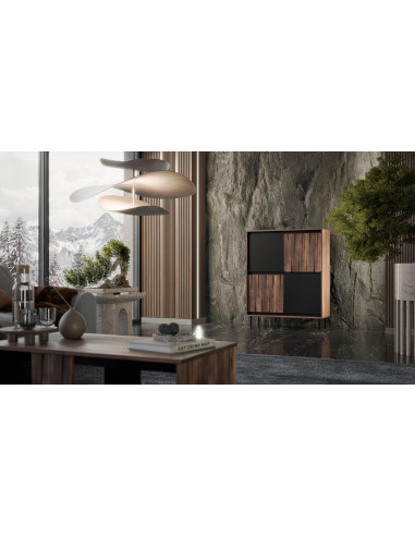 SWING KM-2 Komoda Orzechowo-Czarna | 4-drzwiowa | Nogi Stalowe Czarne