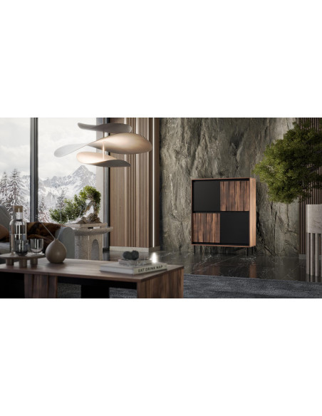 SWING KM-2 Komoda Orzechowo-Czarna | 4-drzwiowa | Nogi Stalowe Czarne