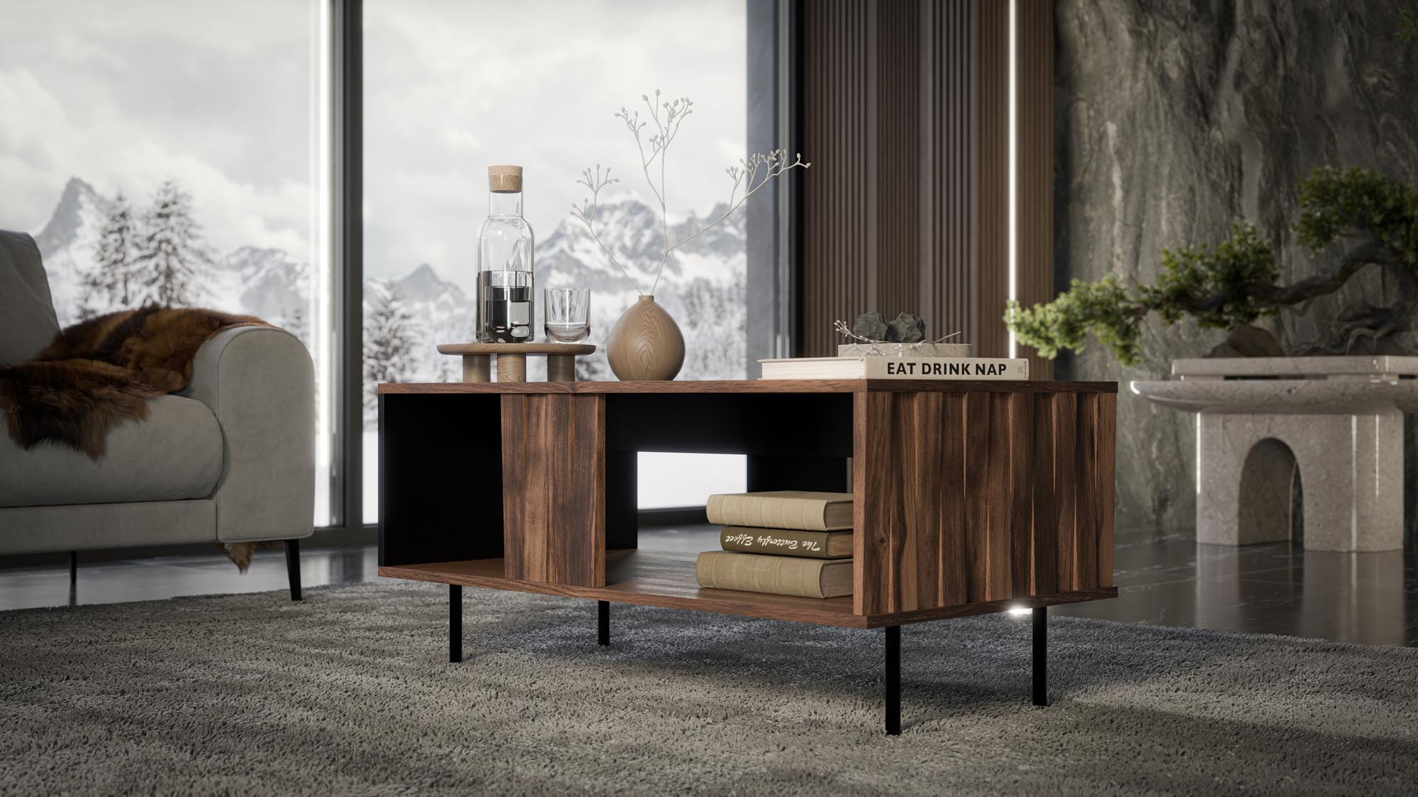 Orzechowo-czarna ława SWING Law 1 z czarnymi stalowymi nogami, widok z boku.