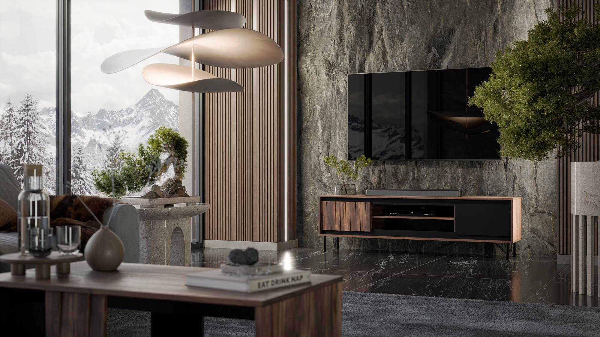 Stolik RTV SWING z orzechowym wykończeniem, czarnymi drzwiami i stalowymi nogami – widok z przodu.