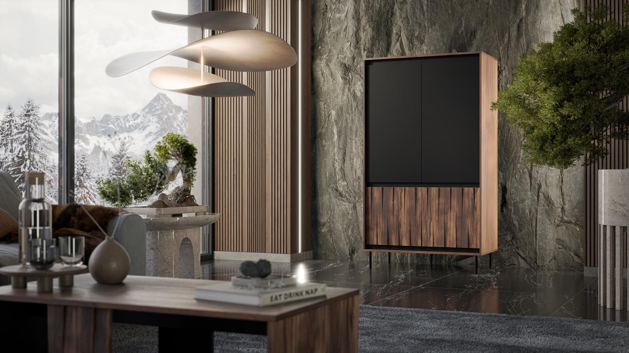 Orzechowo-czarna szafa czterodrzwiowa SWING S-1 z czarnymi stalowymi nogami – widok z przodu.