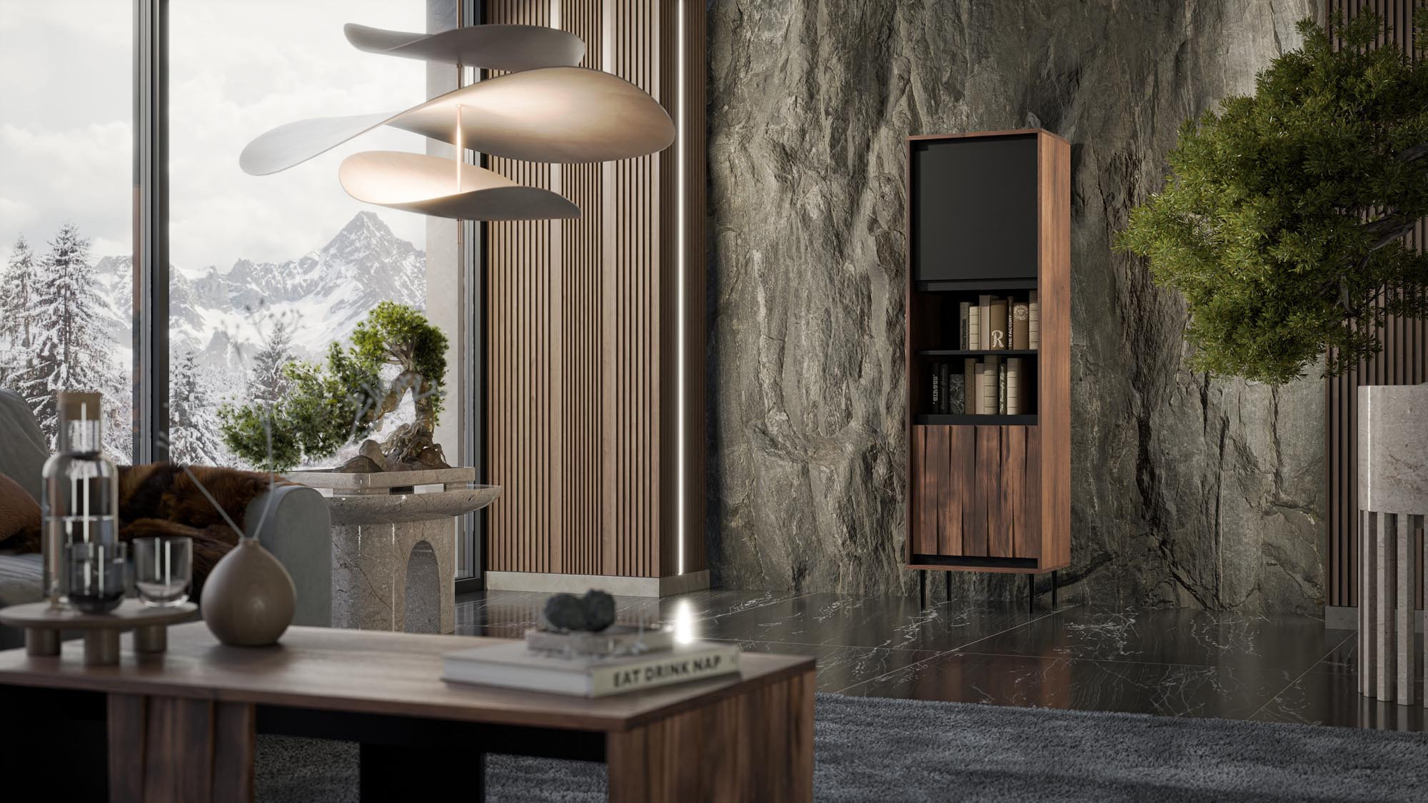 Dwudrzwiowa witryna SWING z orzechowego drewna i czarnymi stalowymi nogami – widok z przodu w nowoczesnym wnętrzu.