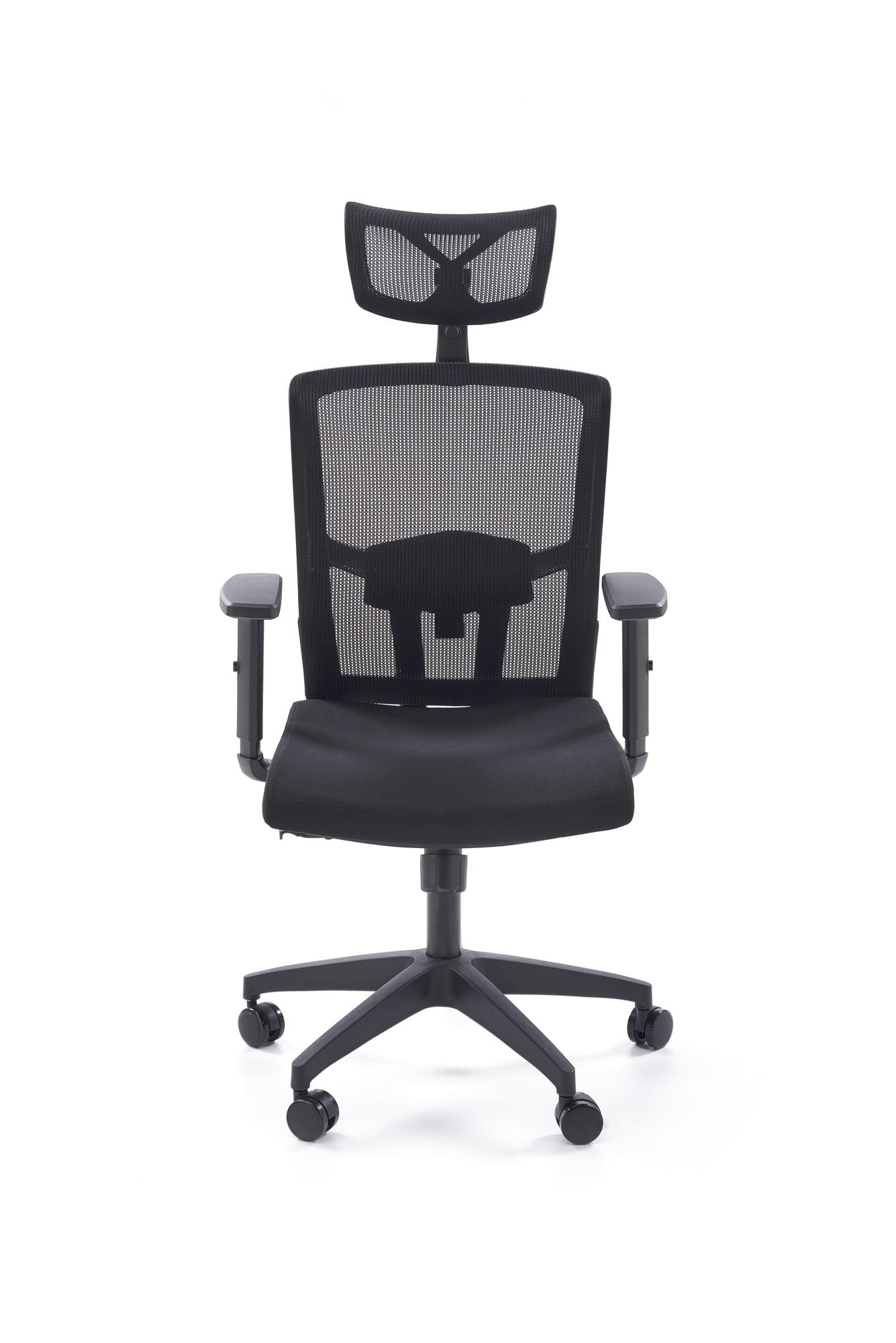 Czarny fotel gabinetowy MASON z siatkowym oparciem i regulowanym zagłówkiem – widok z przodu.