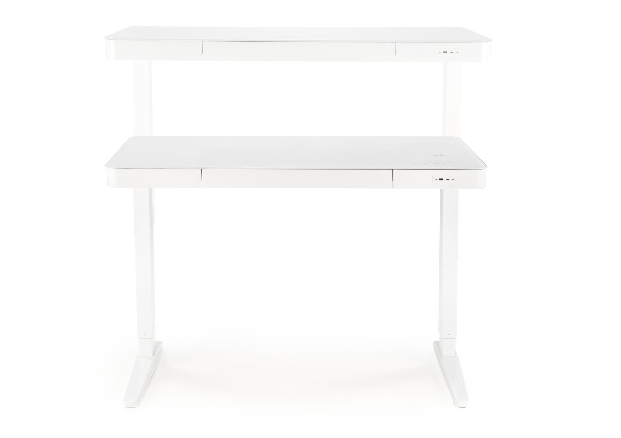Białe biurko B52 z elektryczną regulacją wysokości i portem USB – widok z przodu.