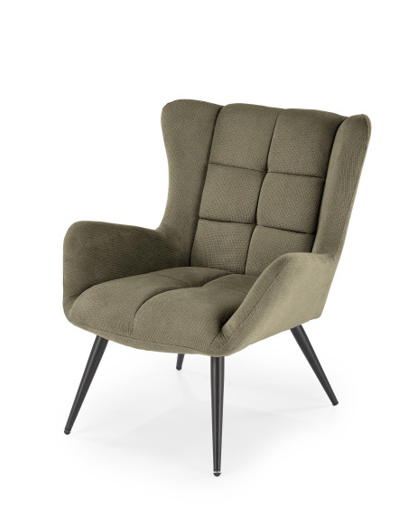 BYRON Fotel Wypoczynkowy USZAK Oliwkowy | Pikowany, Nogi Stalowe Czarne