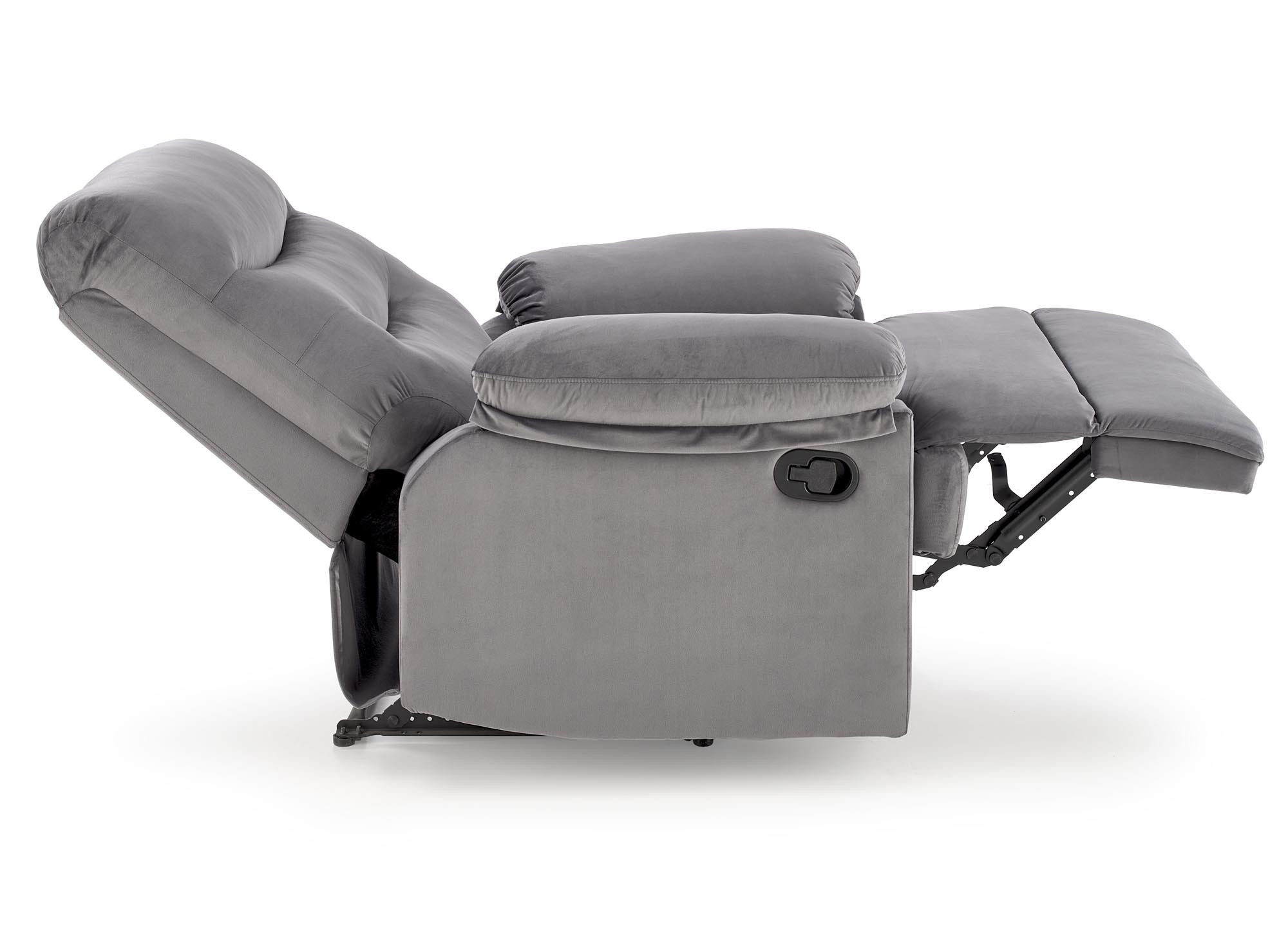 Rozkładany fotel wypoczynkowy DRAGER z popielatej tkaniny velvet – zdjęcie z boku.