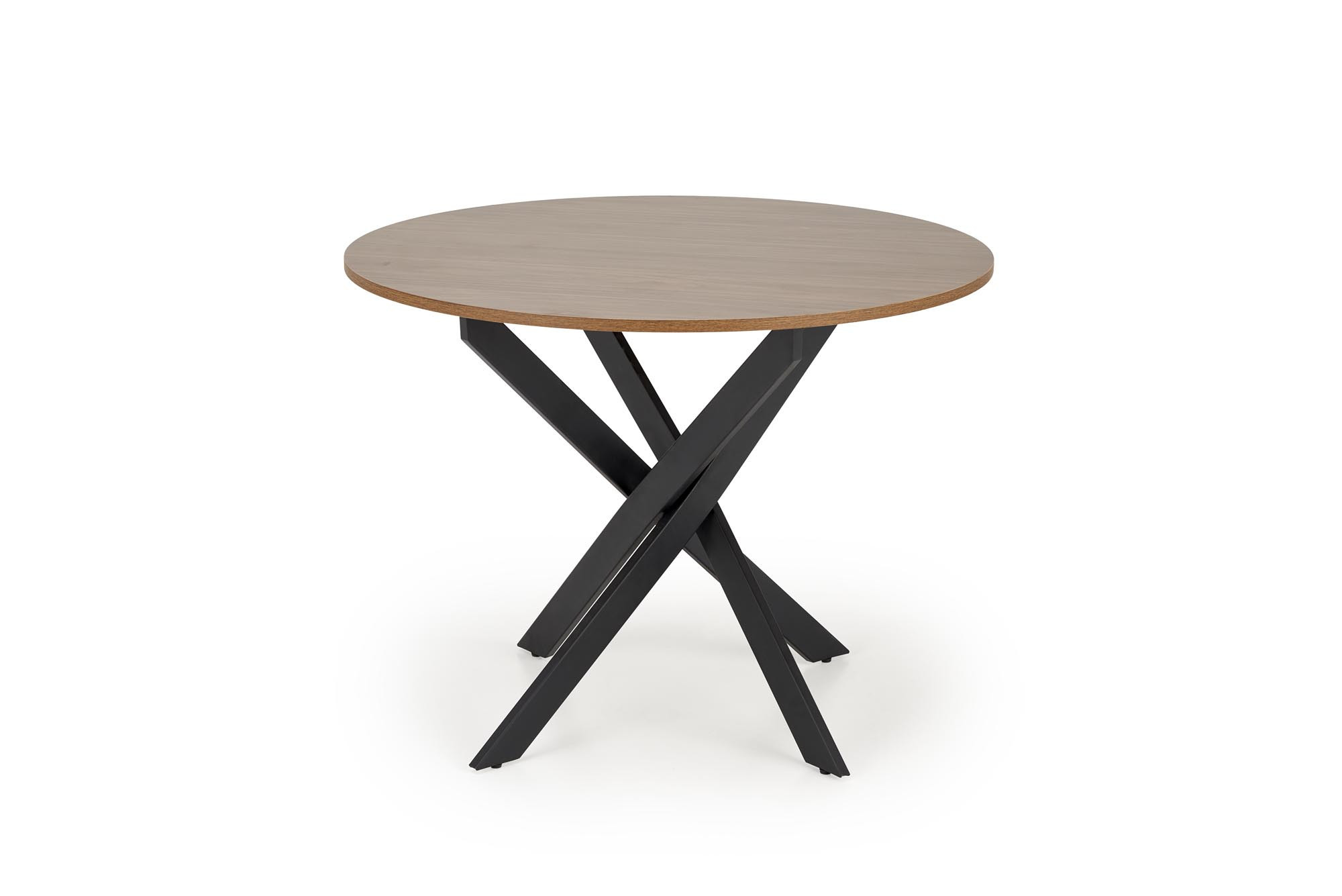 Okrągły stół EDGAR, orzechowy blat, czarna stalowa podstawa – widok z przodu.