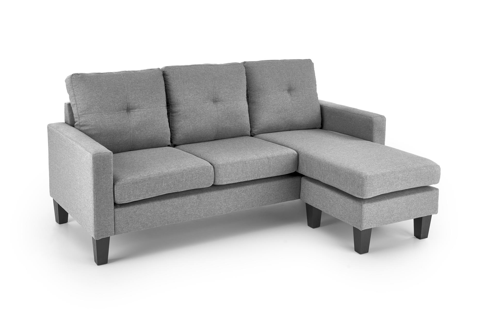 Szara sofa GERSON z podnóżkiem, widok z przodu, elegancki i kompaktowy styl.