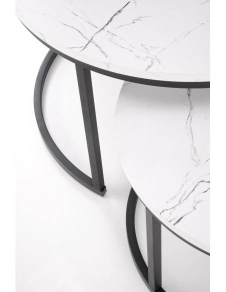 JAVA Zestaw 2 Ław Okrągłych Fi79 cm, Fi59 cm | Kolor Biały Marmur/Czarny
