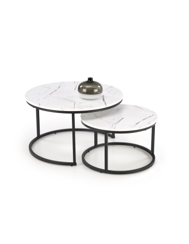 JAVA Zestaw 2 Ław Okrągłych Fi79 cm, Fi59 cm | Kolor Biały Marmur/Czarny