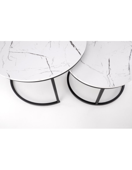 JAVA Zestaw 2 Ław Okrągłych Fi79 cm, Fi59 cm | Kolor Biały Marmur/Czarny