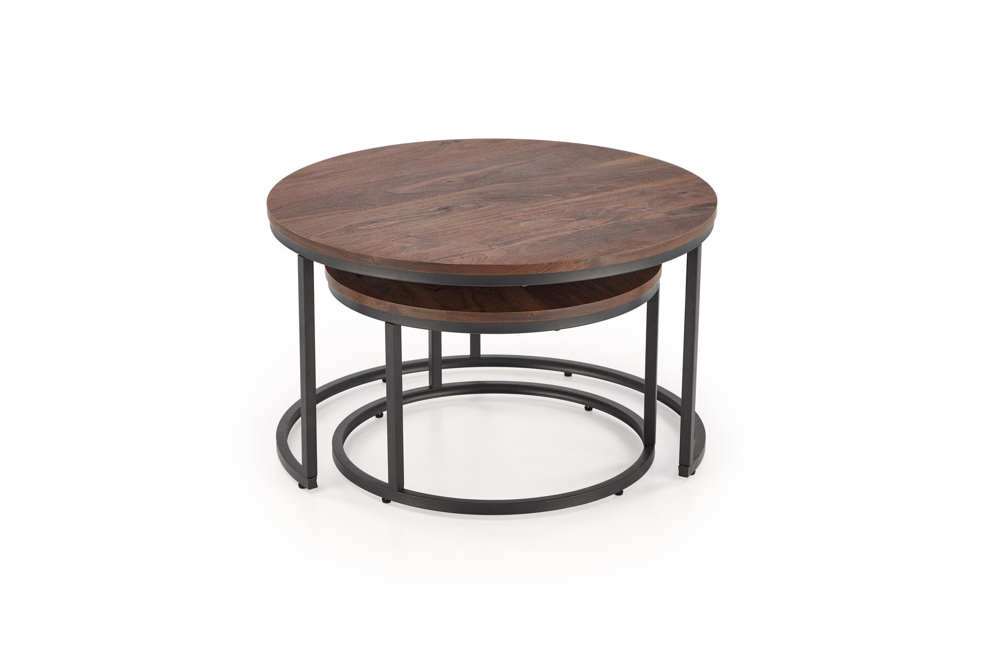 Zestaw 2 okrągłych ław JAVA z orzechowym blatem i czarnymi metalowymi nogami – widok z przodu.