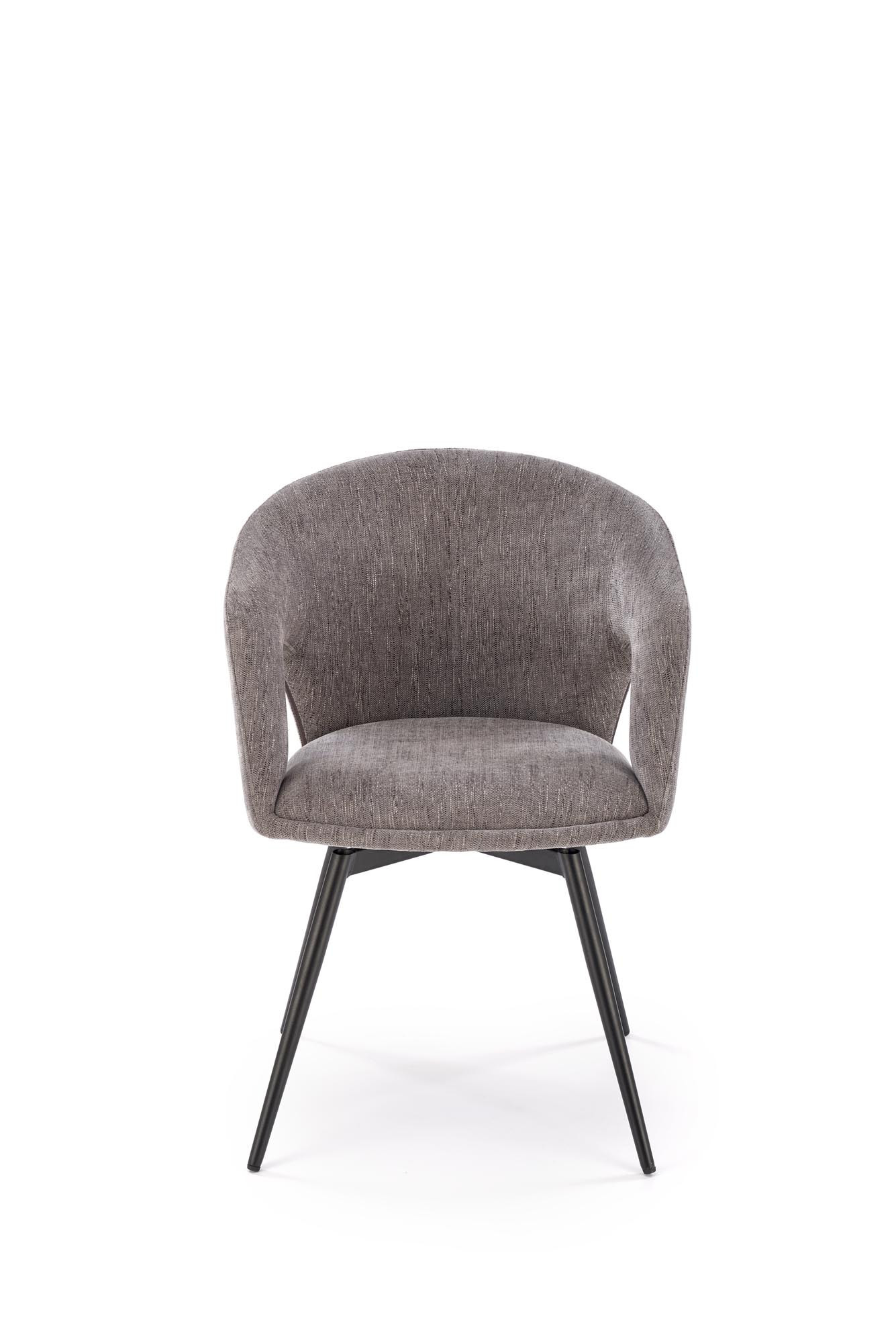 Popielate krzesło kubełkowe K550 z tkaniny, obracane o 180 stopni, stalowe nogi – widok z przodu.