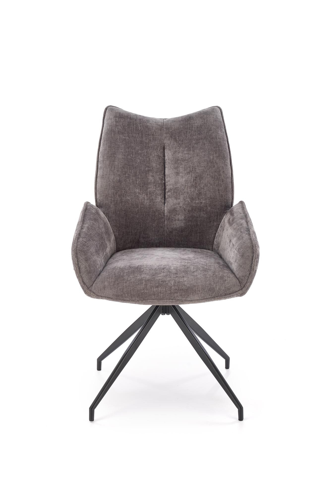 Popielate krzesło K553 z obrotowym siedziskiem 360° na stalowych nogach – widok z przodu.