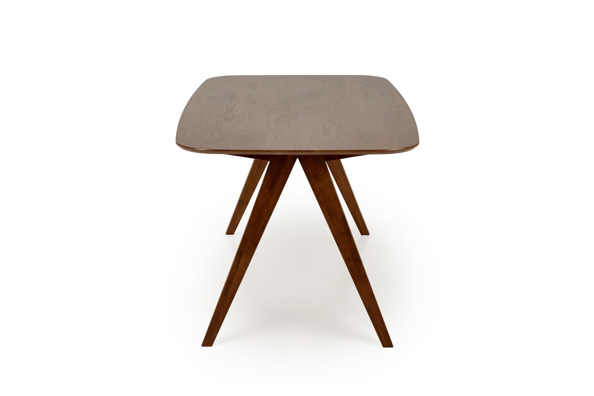 Widok z przodu drewnianego stołu MIGUEL w kolorze orzechowym z czterema nogami.