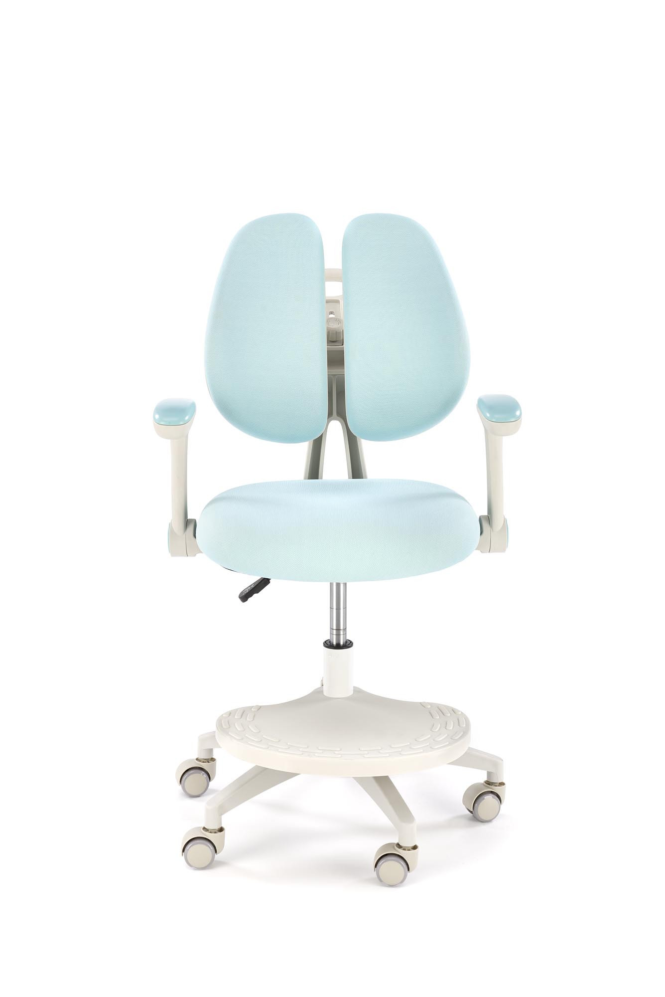 Przód niebieskiego fotela młodzieżowego PANCO z regulowanym podnóżkiem i oparciem.