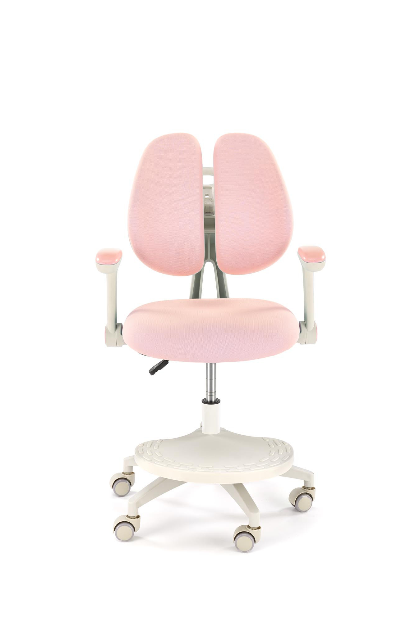 Przedni widok różowego fotela młodzieżowego PANCO z regulowanym podnóżkiem i oparciem.