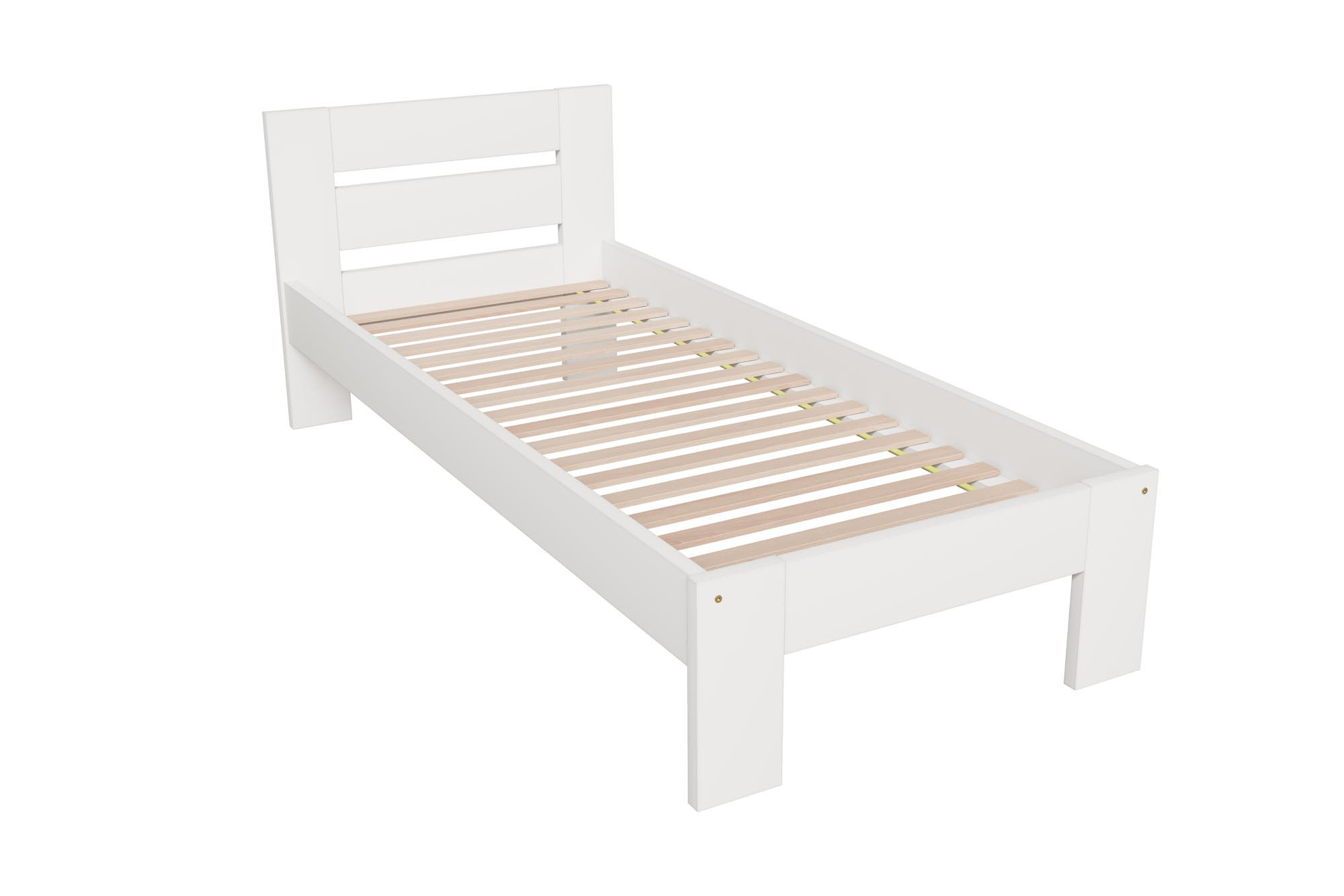 Białe łóżko bukowe MATILDA 90x200 cm ze stelażem – widok z boku.